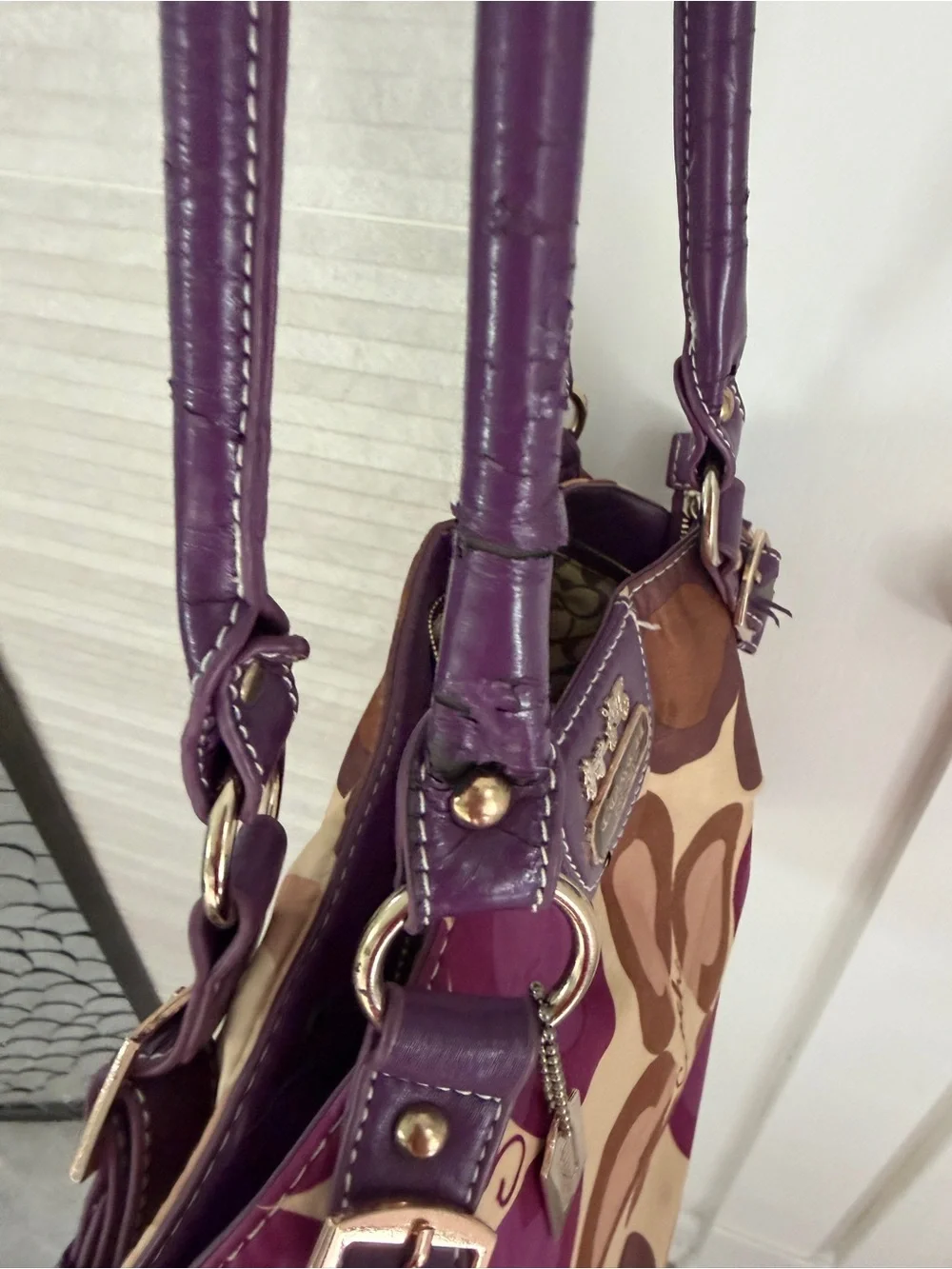 Coach Purple and Brown Signature Pattern Shoulder Bag